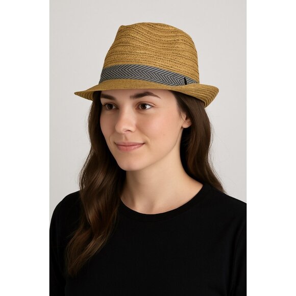 Sunny Dayz Tan Straw Fedora Hat with Gray Chevron Band - Picture 5 of 5